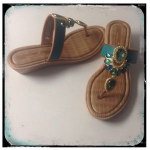 Turquoise Jeweled Wedge Sandals