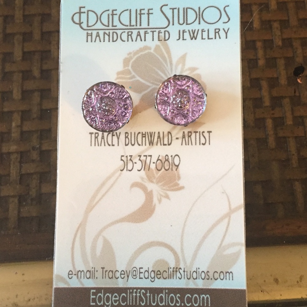 Vintage glass button earrings pink purple NWT