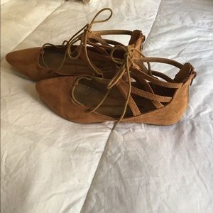 Strappy, lace up tan suede flats
