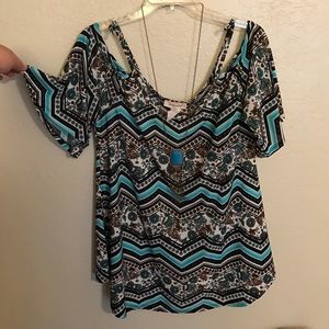 Blue and white cold shoulder top