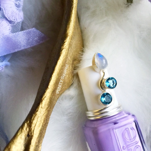 . {MOONSTONE + BLUE AGATE} + .925 Silver Ring o/s - Picture 2 of 8