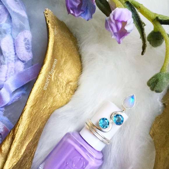 . {MOONSTONE + BLUE AGATE} + .925 Silver Ring o/s - Picture 1 of 8