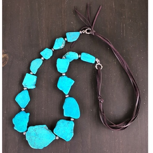 Jewelry - Leather & Turquoise Slab Long Necklace