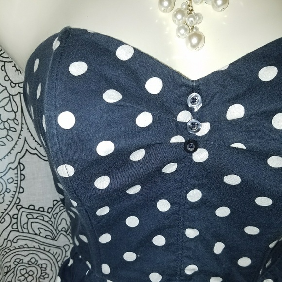 Navy Polka Dot Strapless Dress - Picture 2 of 5