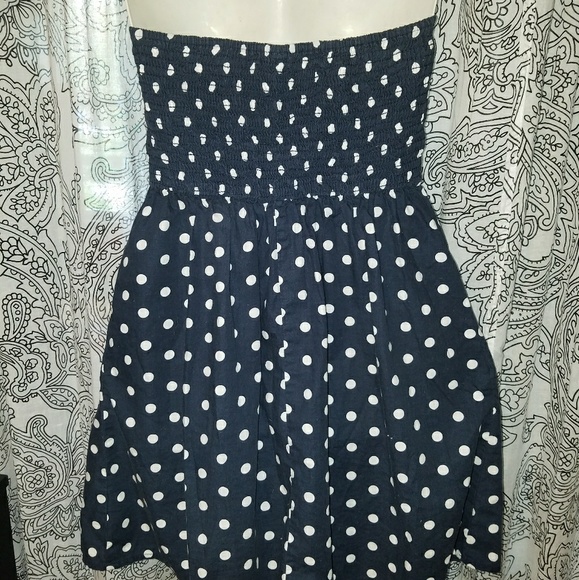 Navy Polka Dot Strapless Dress - Picture 3 of 5