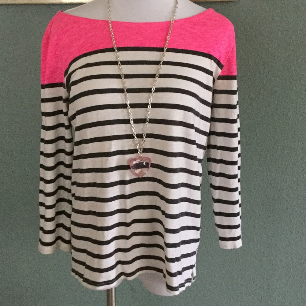 J Crew Pink White Black Striped Knit Shirt