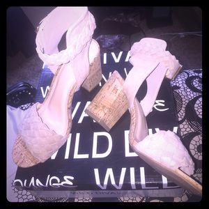 Taupe braided suede cork heeled sandal