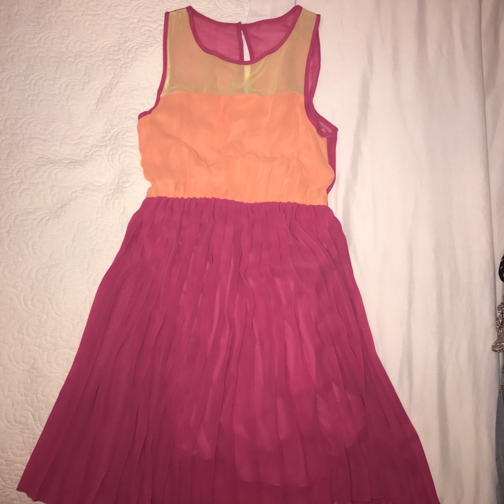 Pleated Pink , Yellow and Orange mid length dress