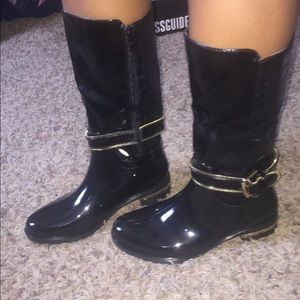 Black and gold patent leather rain boot