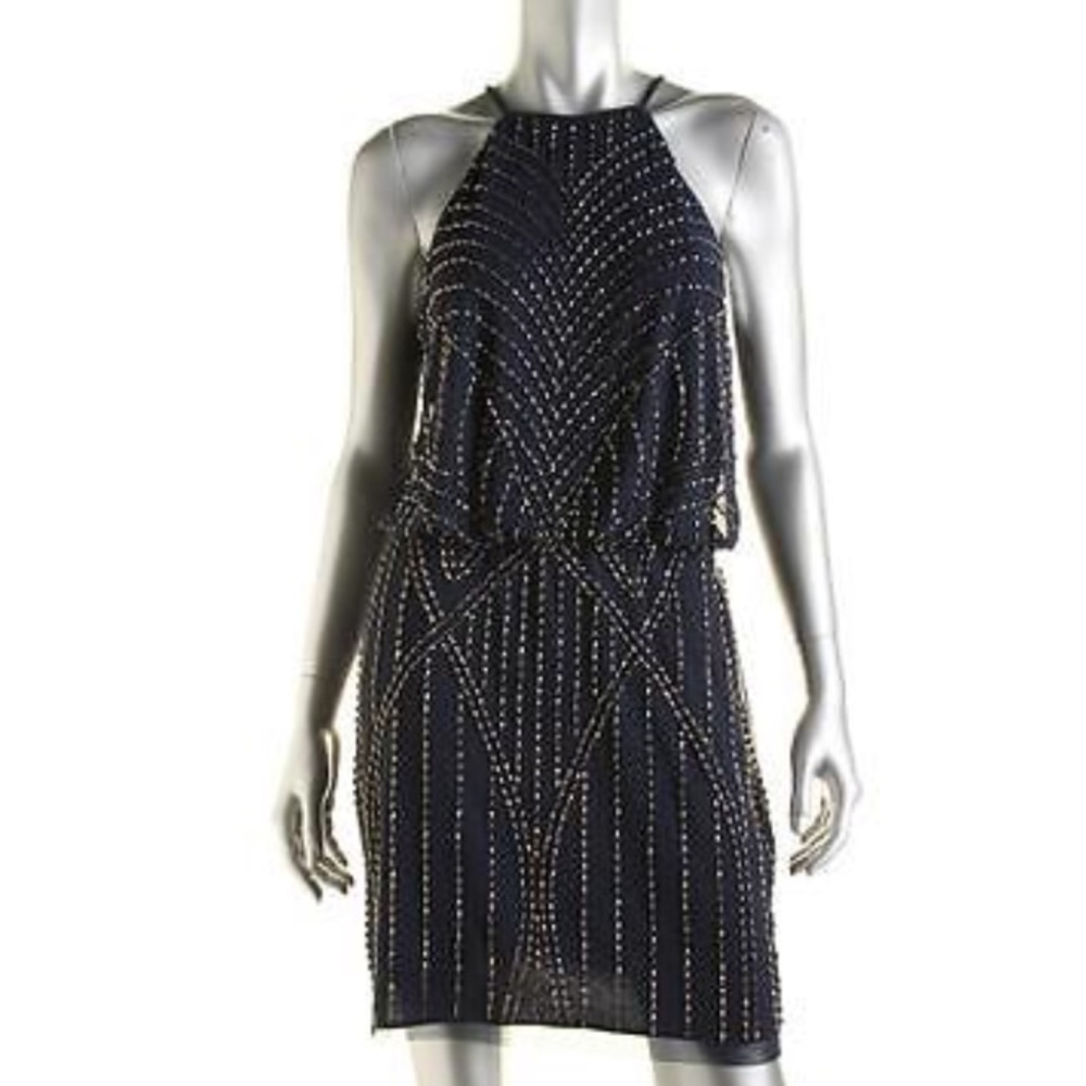 Navy beaded high neck beaded blouson dress
