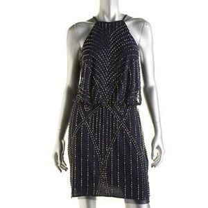 Navy beaded high neck beaded blouson dress