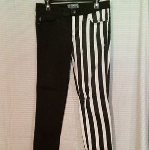 Half Black, Half B&W Striped Skinny Jeans