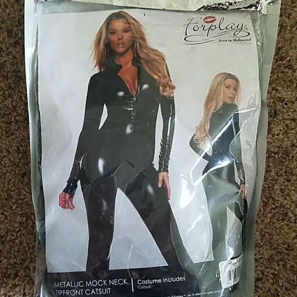 Forplay Womens Metallic Zip Front Mock Neck Catsuit