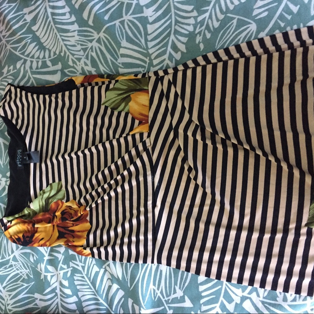 Tan & black stripe flower print sleeveless dress