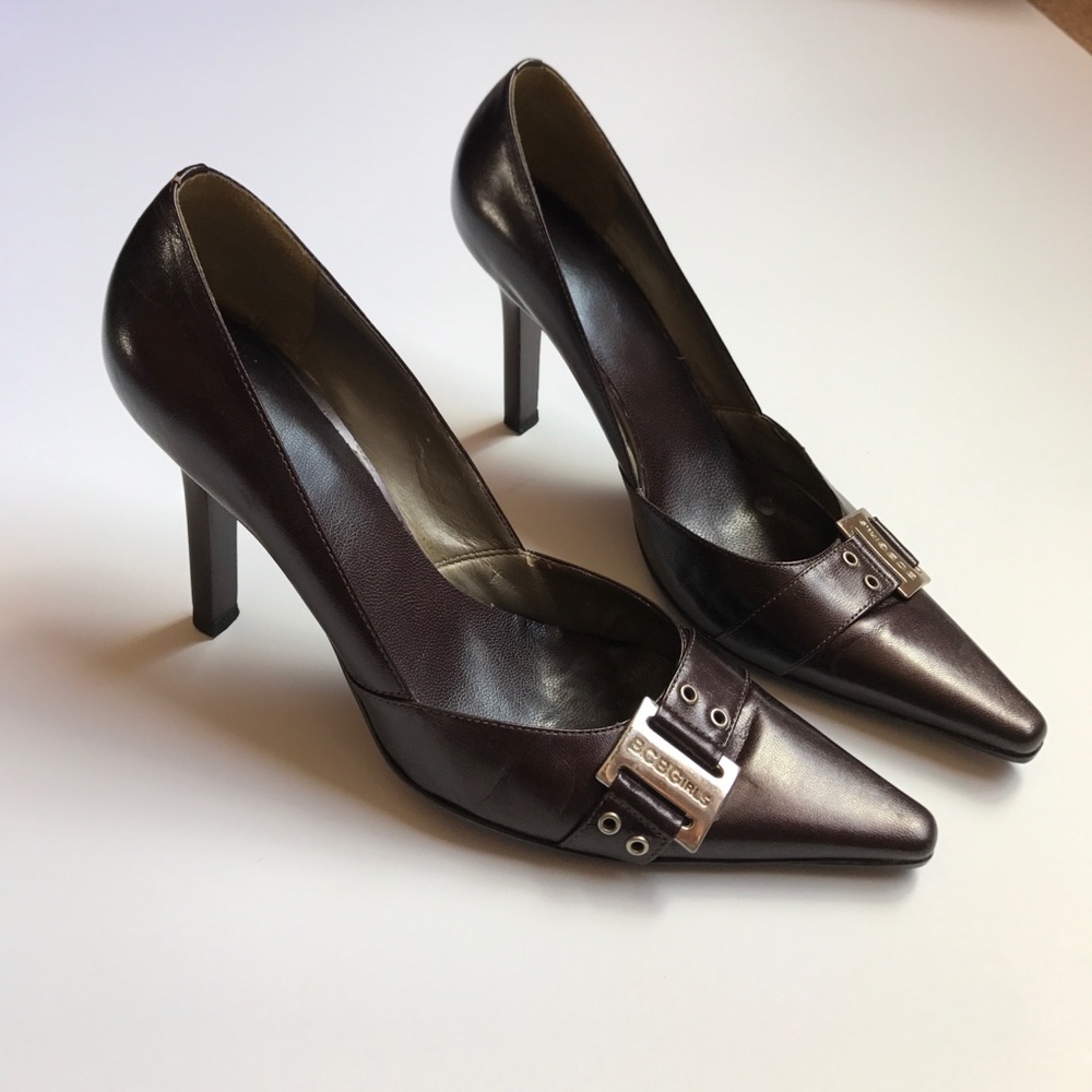 BCBGirls bronze point toe Buckle pumps