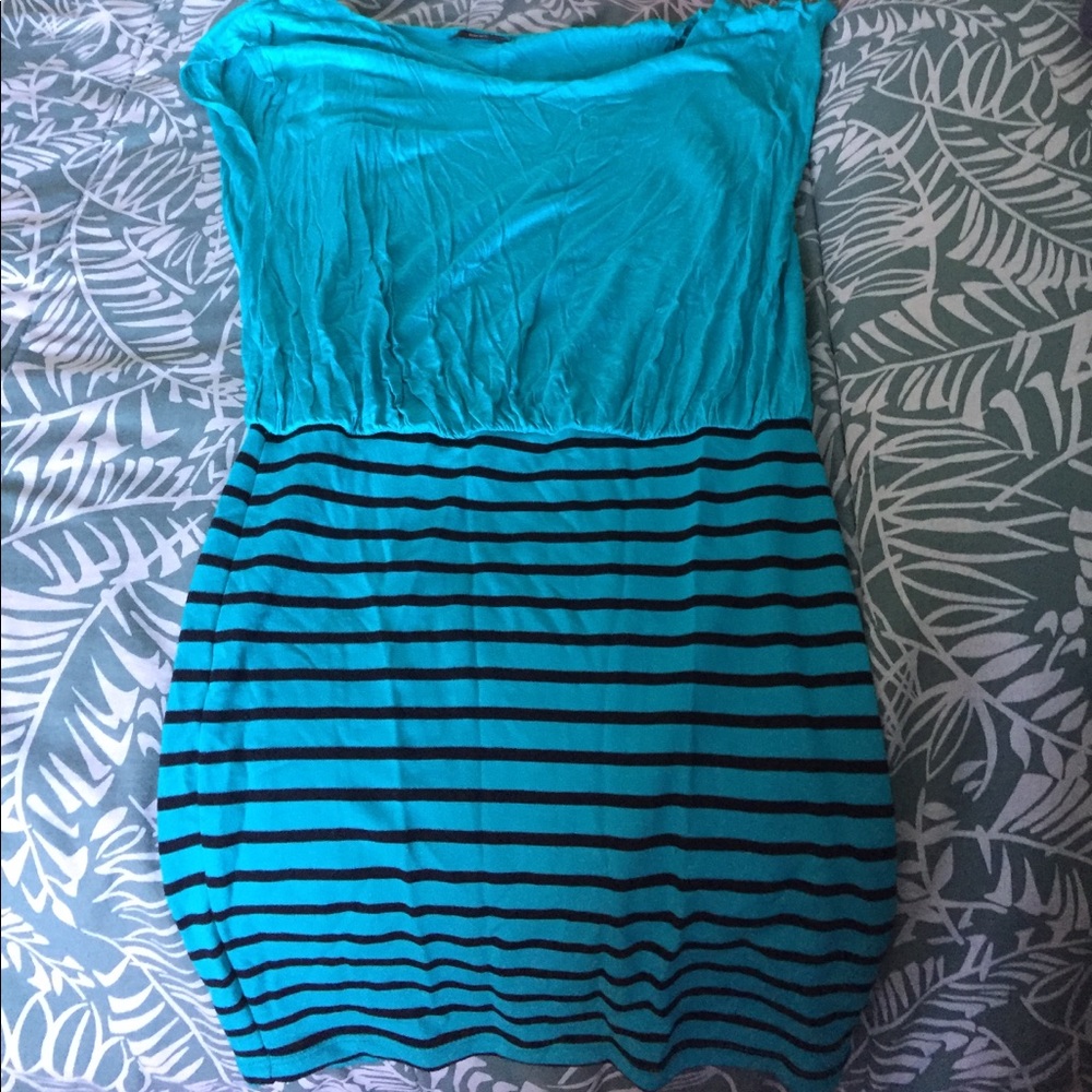 Blue/green dress with black stripe bottom