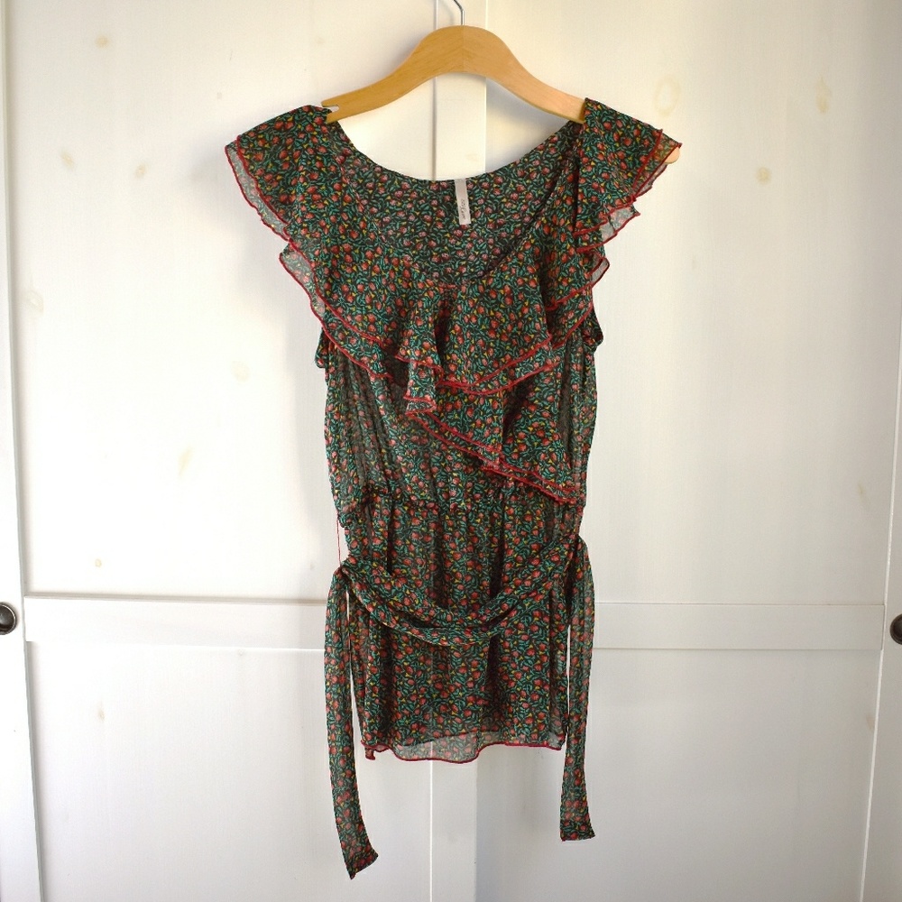 Emerald Strawberry Floral Ruffle Wrap Top