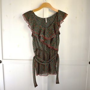 Emerald Strawberry Floral Ruffle Wrap Top