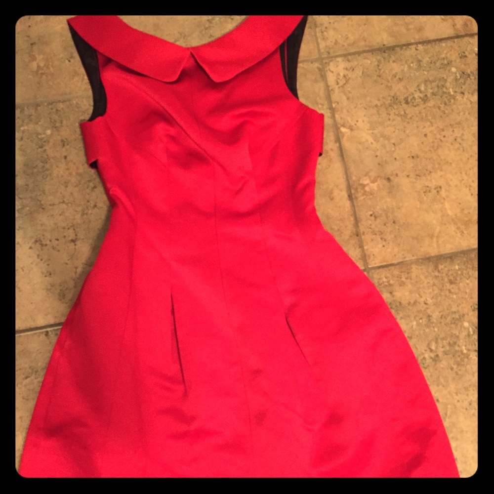 Red silk dress with Peter Pan collar
