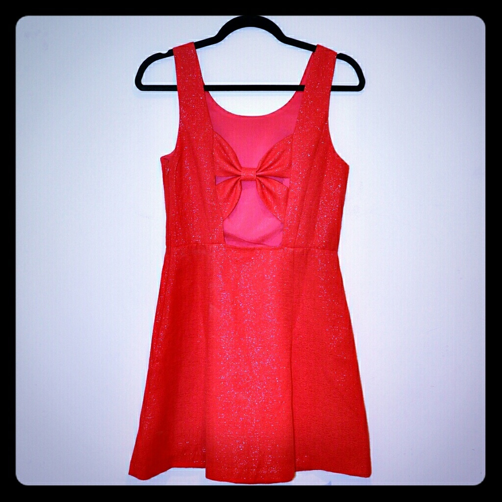 Red Sparkly A-line Dress with Bow Back