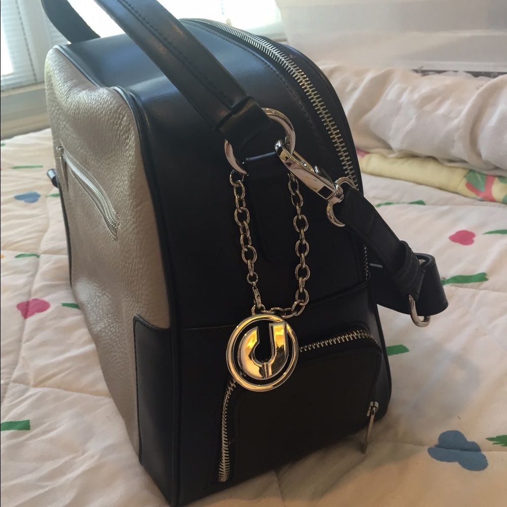 Grey and black leather handbag