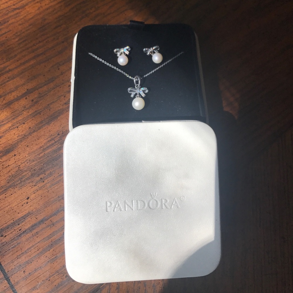 Pandora silver and pearl bow earrings and necklace