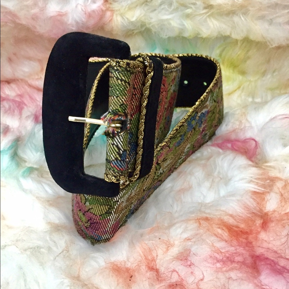 Sandy Duftler belt tapestry leather floral gold