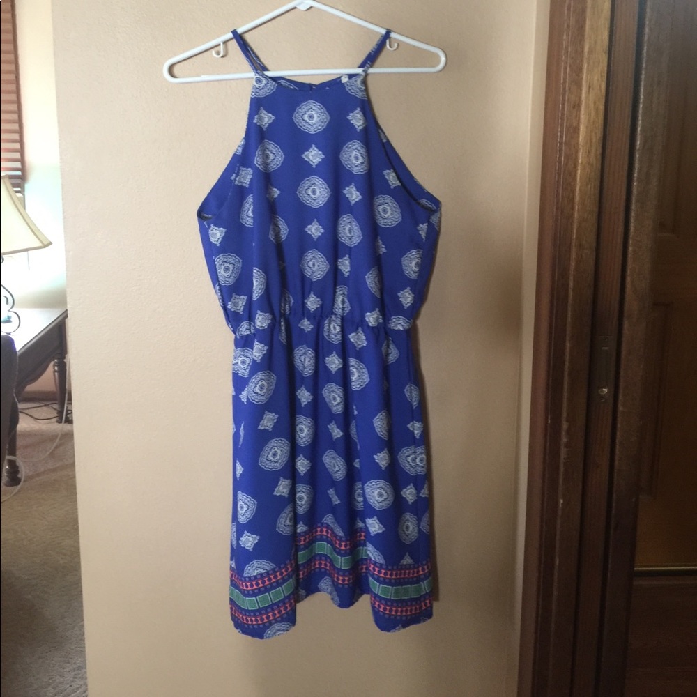 blue patterned high neck sun dress