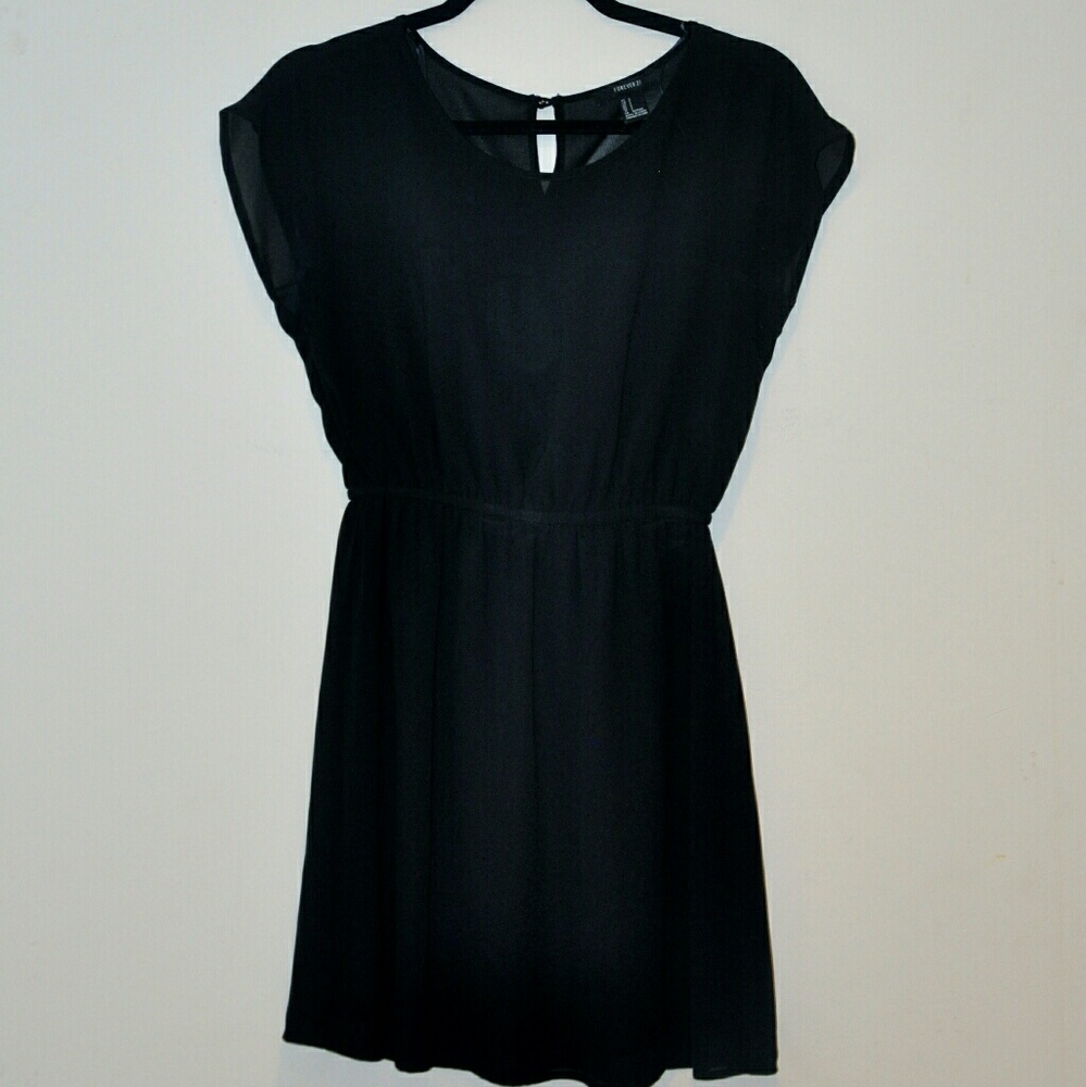 Black T-shirt Dress with Sheer Mesh Shoulders