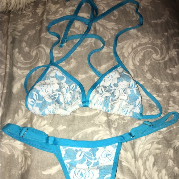 Brazilian sexy Bandage Blue Lace Thong Bikini - Picture 2 of 4