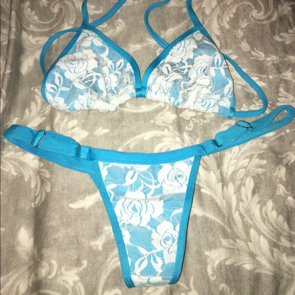 Brazilian sexy Bandage Blue Lace Thong Bikini - Picture 3 of 4