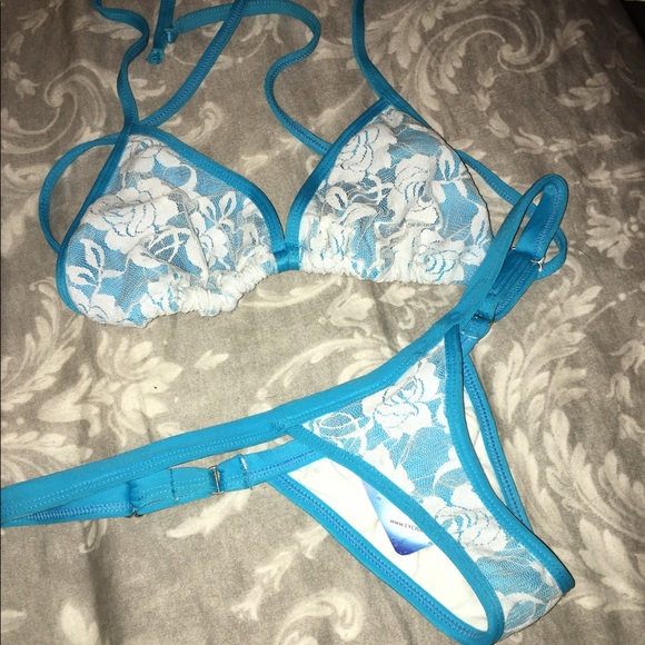 Brazilian sexy Bandage Blue Lace Thong Bikini - Picture 4 of 4
