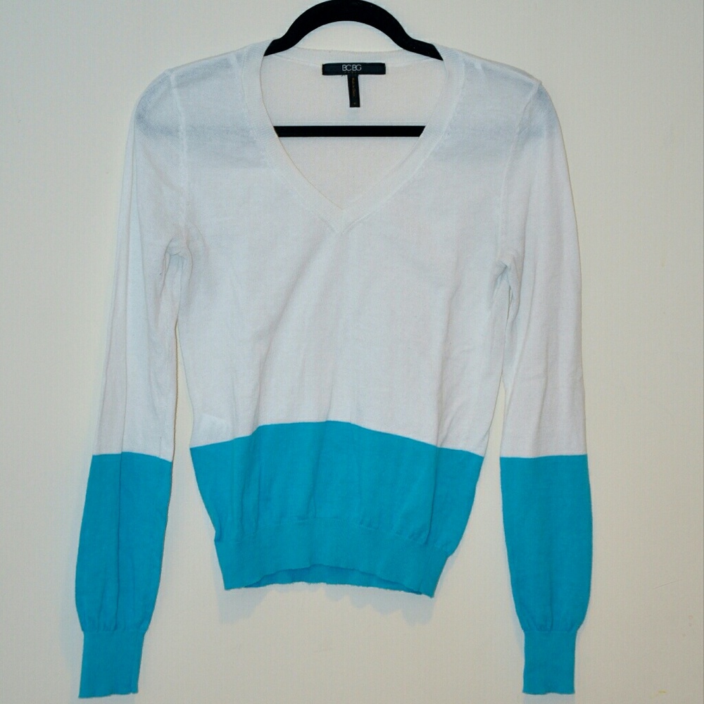 BCBG Blue White Color Block Longsleeve Sweater