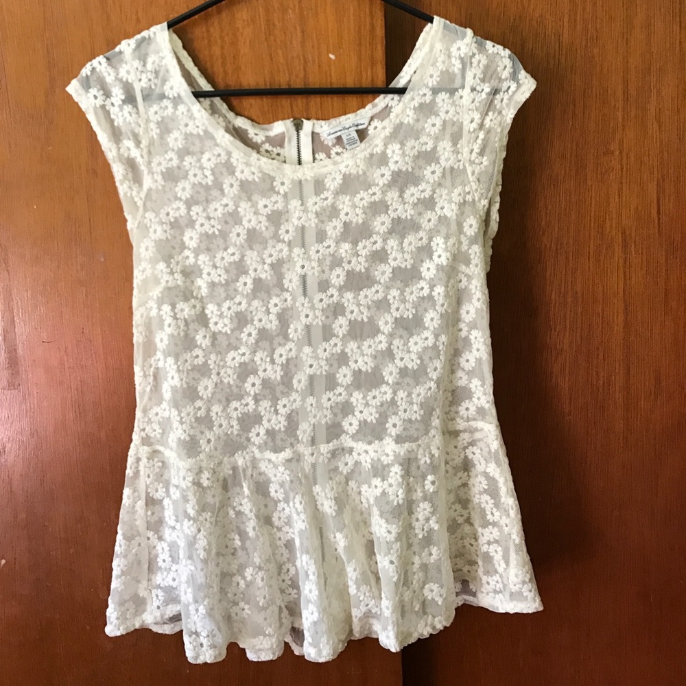 Flower&mesh peplum shirt!