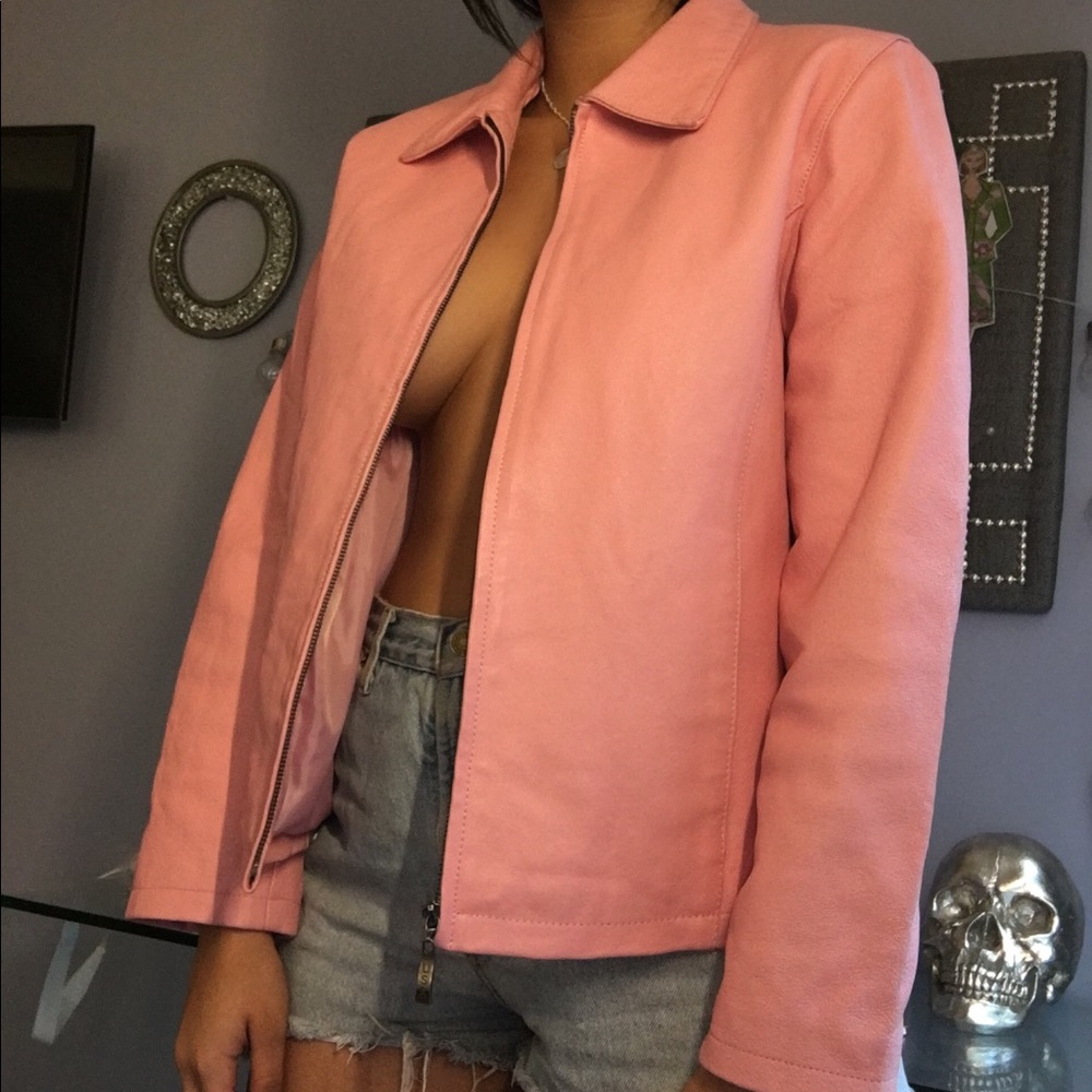 Pink leather biker jacket