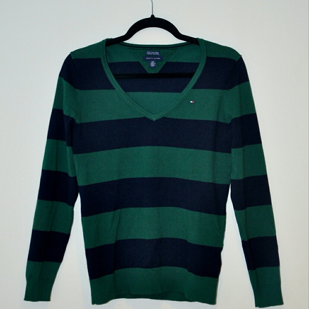 Tommy Hilfiger Navy and Green VNeck Stripe Sweater