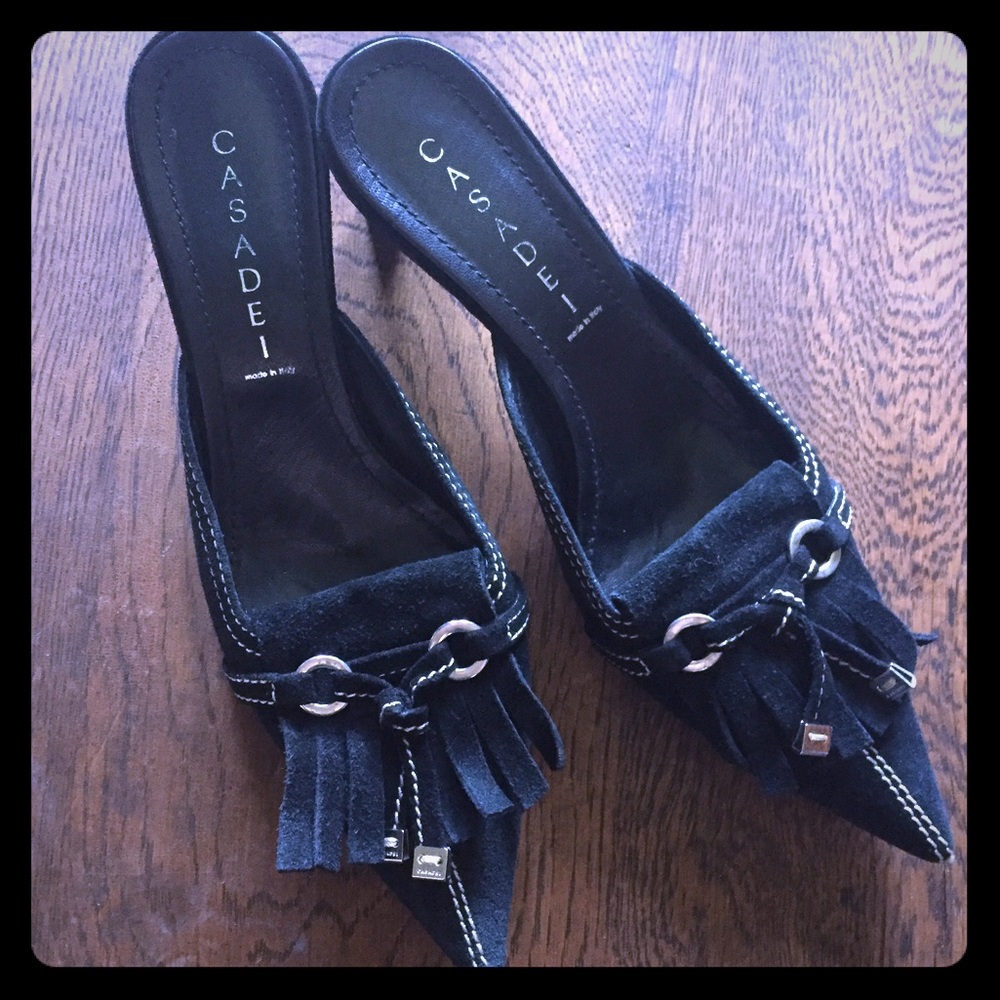 Casadei kitten heel fringe mule