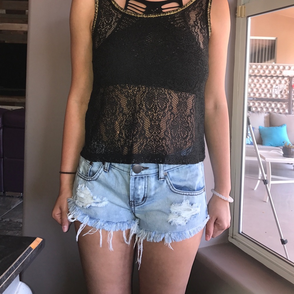 Black lace with gold accent tank top