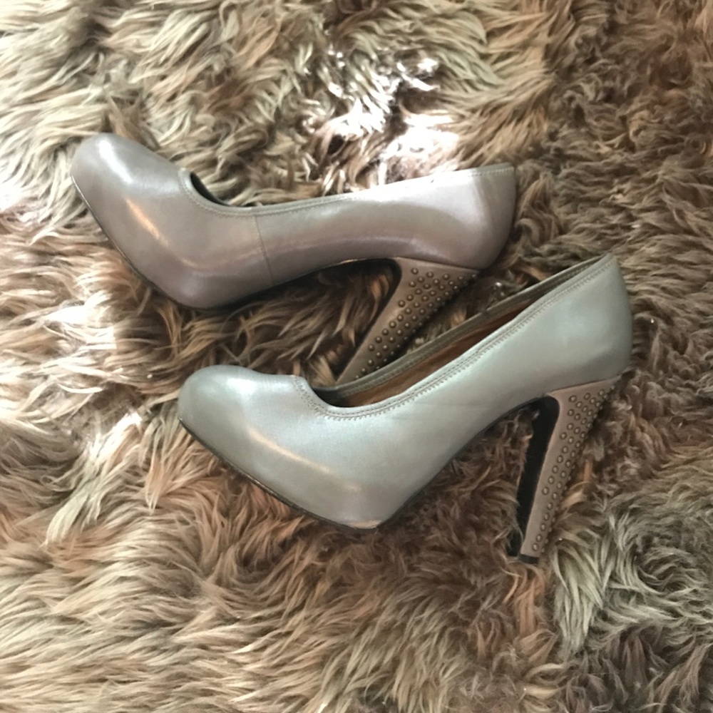 Grey leather and brass stud heels