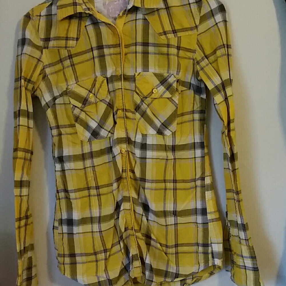 Plaid yellow button-down shirt