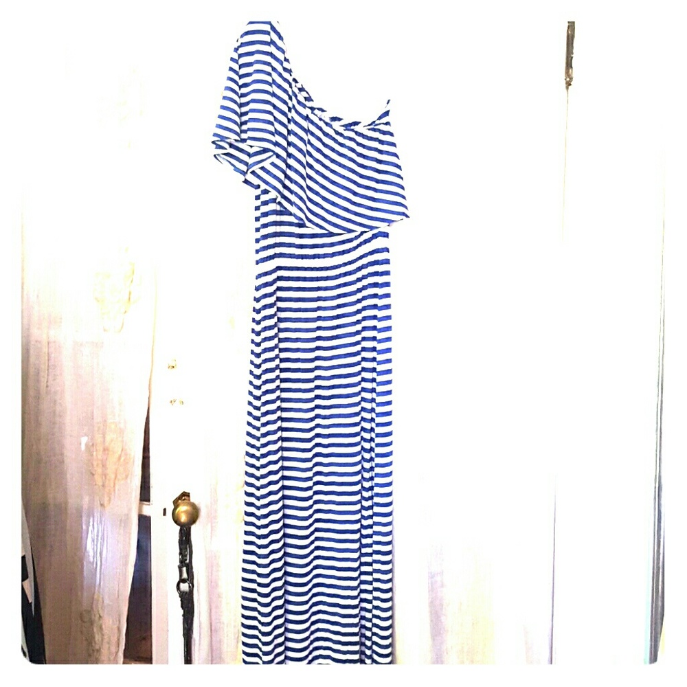 One shoulder blue and white maxi dress