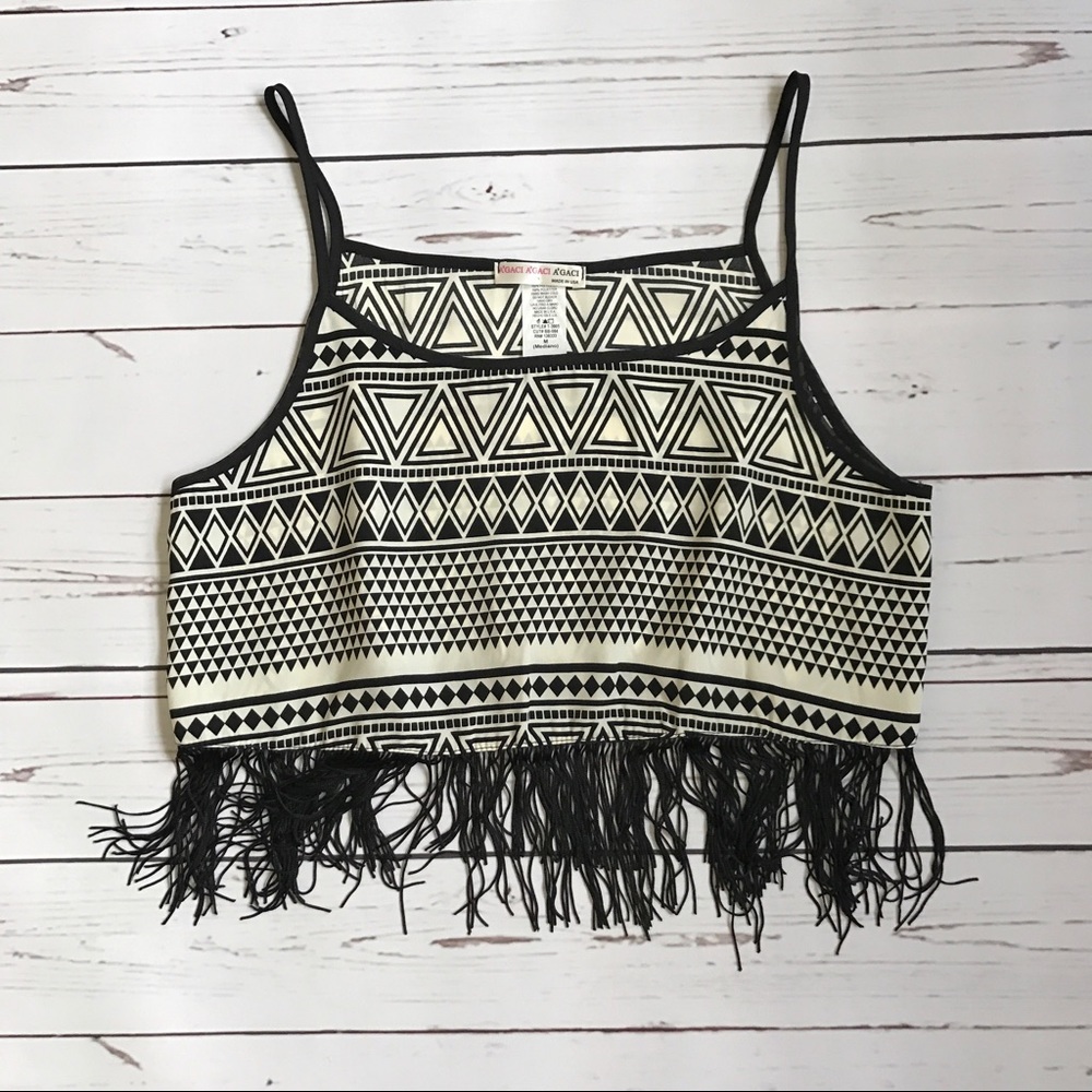 Black Aztec Crop Top with Fringe