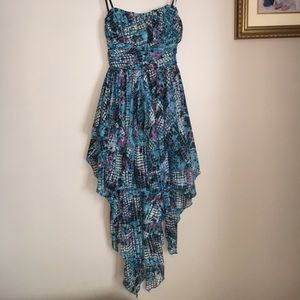 High low strapless blue dress