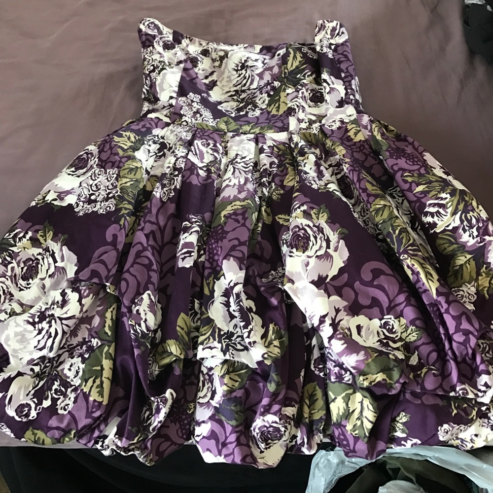 Purple floral rose patterned strapless dress