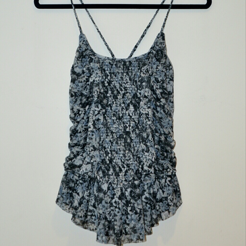 Free People Blue Gray Floral Top Criss Cross Back