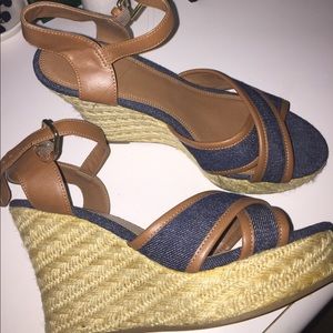 Denim, tan, and brown wedges