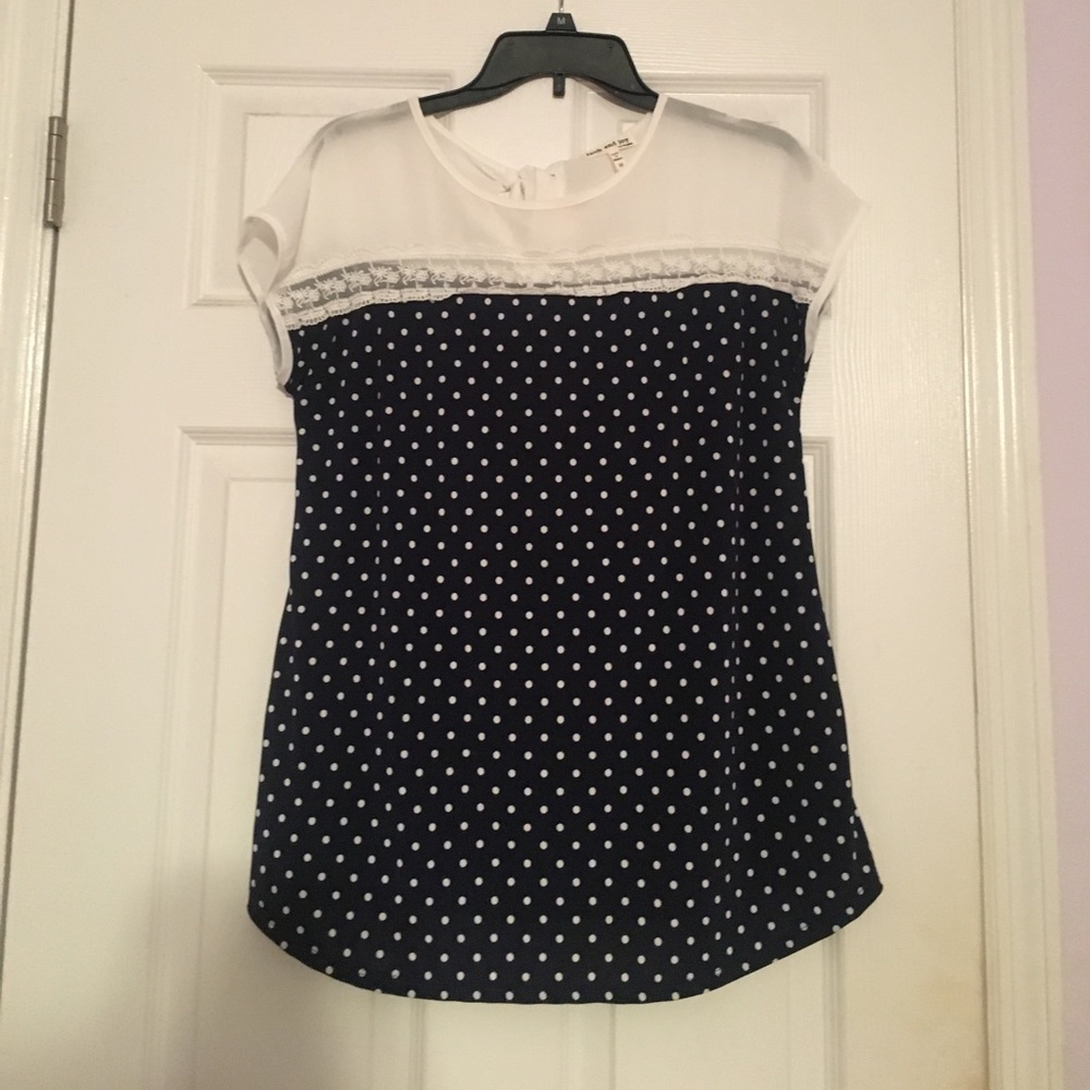 Navy blue and white polka dot shirt