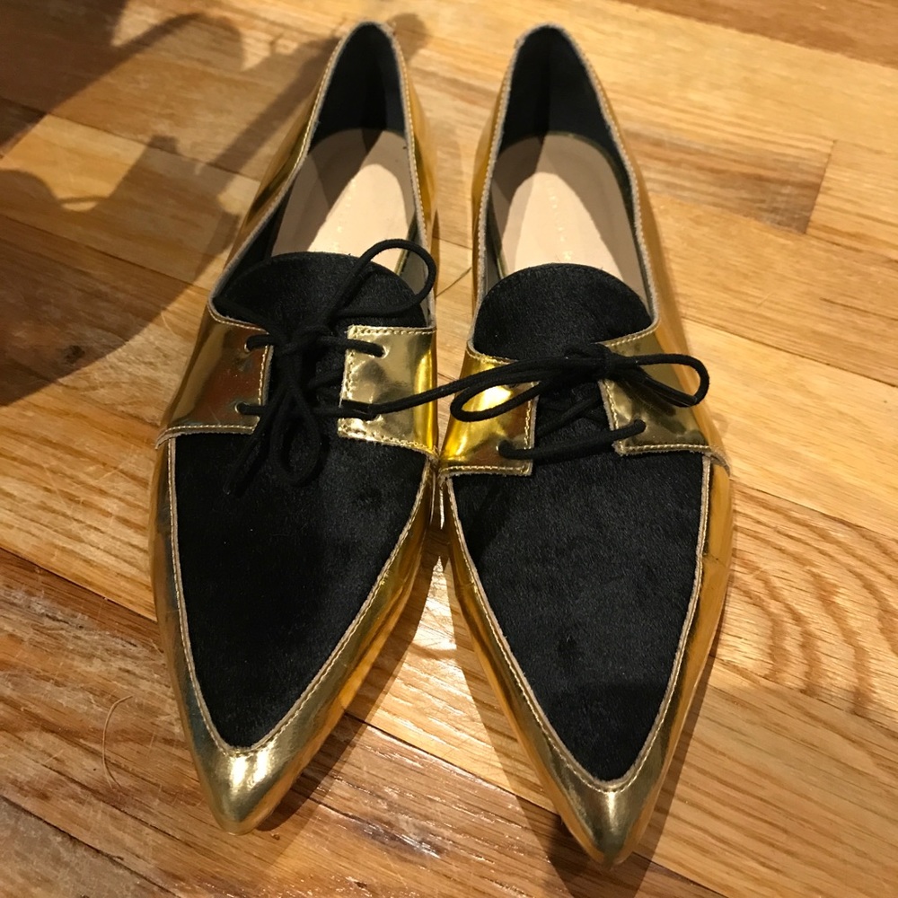 Loeffler Randall Gold and Black Calf Oxfords 7.5