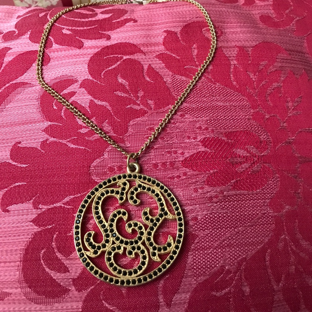 Gold round medallion necklace w black stones