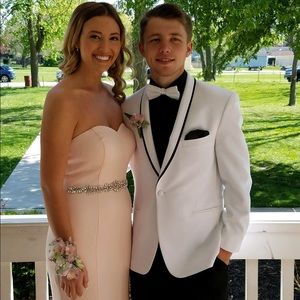 Blush Prom Dress with Rhinestone Belt